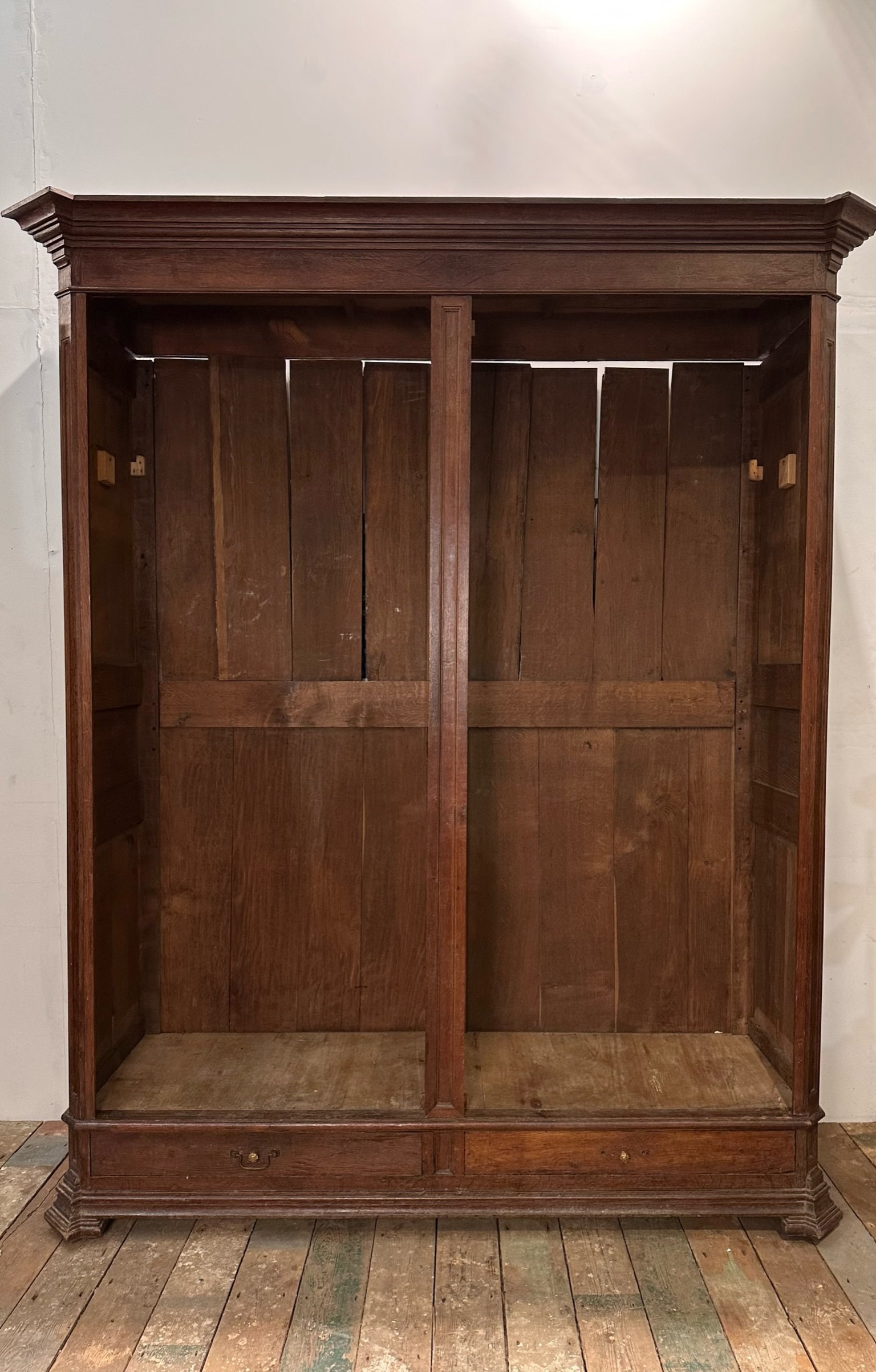 Antique Oak Knockdown Wardrobe W/ Panelled Doors & Original Hardware C