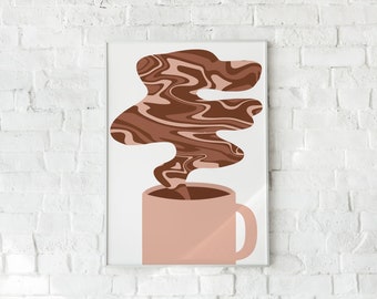 Coffee Art Print, Digital Download, Abstract Coffee Cup Art, Coffee Poster, Coffee Bar Sign, Boho Wall Art, Kitchen Decor, 70s Art Print
