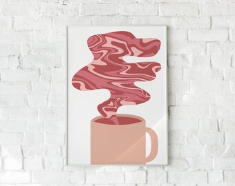 Tea Art Print, Digital Download, Abstract Tea Cup Art, Tea Poster, Barbiecore Kitchen, Hygge, Hot Pink Wall Art, Danish Pastel Art, Dorm Art
