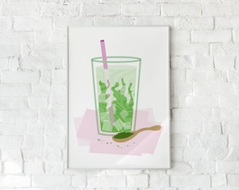 Iced Matcha Art Print, Digital Download, Danish Pastel Decor, Matcha Art Poster, Coffee Bar Sign, Dorm Wall Art, Iced Matcha Poster