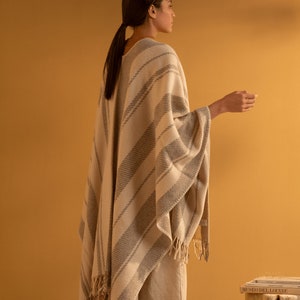 Striped Merino Wool Ruana, Wool Poncho Warm Winter Fashion Warm Winter Poncho Ruana with fringe Wool Cape Cherry Blossom image 3