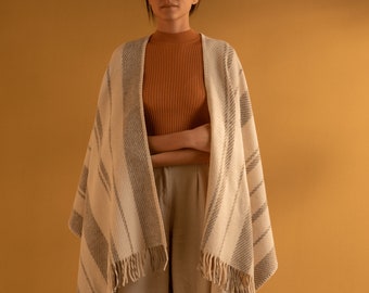 Striped Merino Wool Ruana, Wool Poncho | Warm Winter Fashion | Warm Winter Poncho | Ruana with fringe | Wool Cape Cherry Blossom