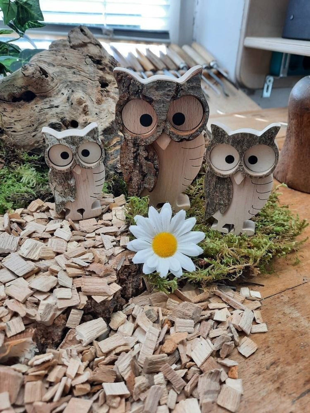 Tawny Owl/owl Made of Hardwood With Bark/ Owl Family/ Wooden Owls