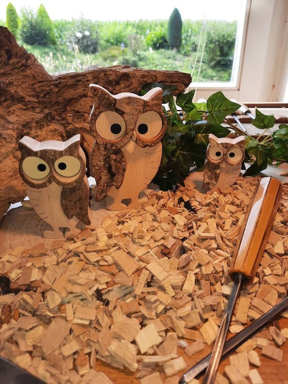 Tawny Owl/owl Made of Hardwood With Bark/ Owl Family/ Wooden Owls