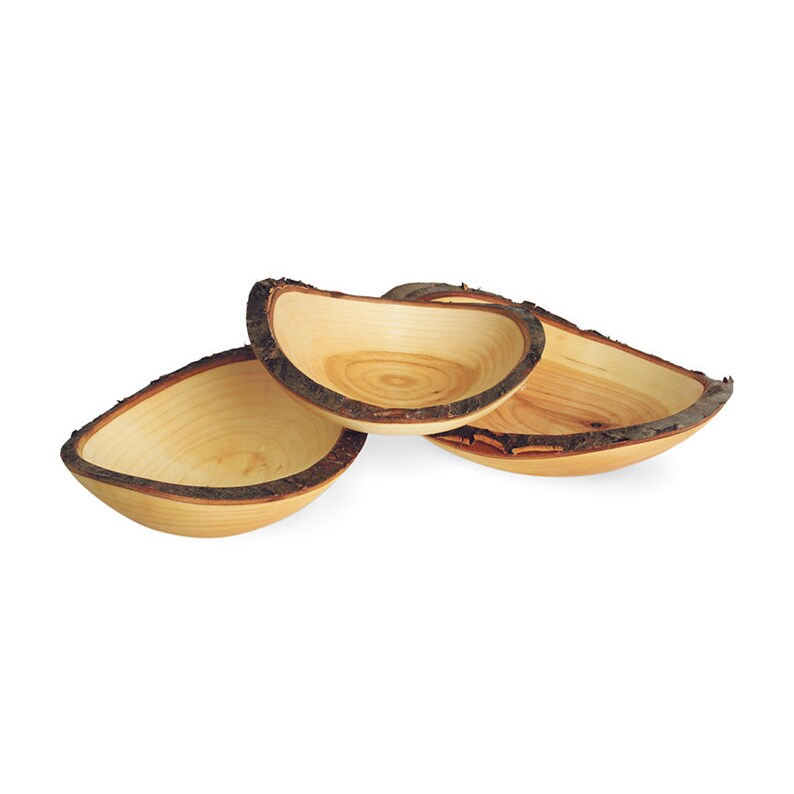 May include: Three wooden bowls with bark edges. The bowls are nested together and are made of light wood with a natural finish.