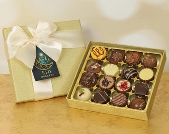 Eid Mubarak Chocolate Box.16 Luxury Chocolates In A Sparkly Gold Box With Eid Al Adha,Ramadan or Umrah Mubarak Tag.Perfect Gift To Celebrate