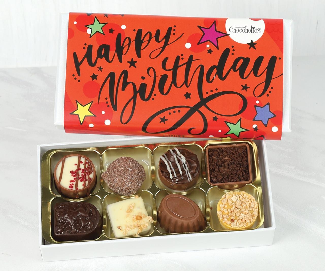 Happy Birthday Chocolate Box. 8/16 Luxury Belgian Chocolates With Colourful Thank You, Get Well Soon or Congratulations Wrapper.A Great Gift