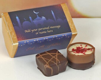 Personalised Mini Eid Mubarak Chocolate Box. 2 Luxury Chocolates In A Gold Box With Purple Eid Al Adha Wrapper. A Perfect Gift To Celebrate