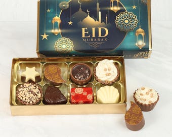 Eid Mubarak Chocolate Box. 2, 8 or 16 Luxury Chocolates In A Gold Box With Green Eid Mubarak Wrapper.A Perfect Gift To Celebrate Eid Al Adha