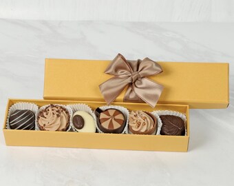 Coffee Collection Chocolate Box. 6 Luxury Coffee Inspired Chocolates In A Cute Gold Box With Gold Ribbon. A Great Gift For Any Coffee Nut