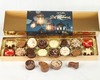 Eid Mubarak Chocolate Box with lantern Wrapper. 2/8/16 Luxury Vegetarian Chocolates In A Gold Box with Wrapper.Perfect Gift To Celebrate Eid