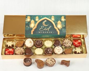 Eid Mubarak Chocolate Box.2/8/16 Luxury Non Alcoholic Chocolates Gold Box With Green Moon Eid Mubarak Wrapper. Perfect Gift To Celebrate Eid