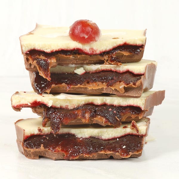 Cherry Bakewell Milk & White Chocolate Slab. Hazelnut, Almond And Cherry Inspired Chocolate Gift, Handmade With Luxury Belgian Chocolate