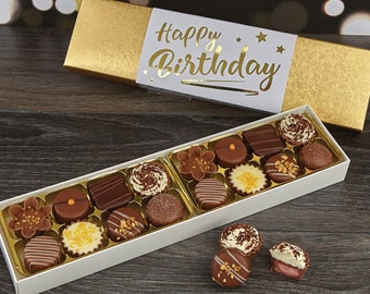 Luxury Gold 8/16 Belgian Chocolate Gift Box with Happy Birthday Foil Wrapper. Perfect Birthday Gift Idea & Birthday Present.