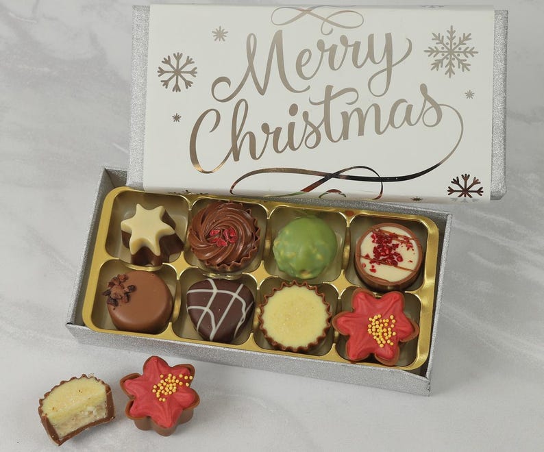 Luxury Chocolate Box With Silver Foil Merry Christmas Wrapper. 8 or 16