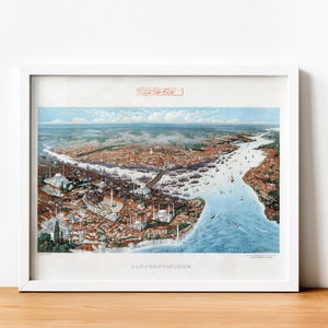 Lienzo de mapa vintage de Estambul y arte de pared con impresión de póster, decoración histórica de la pared de Constantinopla, vista de la ciudad del Imperio Otomano, regalo de historia del hogar