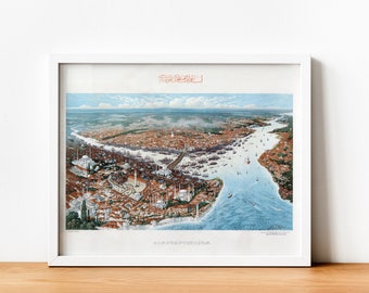 May include: A vintage illustration of Istanbul, Turkey, showing the city's skyline and the Bosphorus Strait. The illustration is in a white frame and features the Arabic text "Istanbul" at the top.