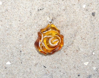 Baltic Amber 925 Sterling Silver Rose Pendant Gothic Love Romantic Nature Amber Succinite Carved Cognac Black
