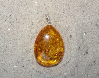 Baltic Amber 925 Sterling Silver Drops Pendant Shimmering Inclusions Natural Amber Succinite Butterscotch Cognac