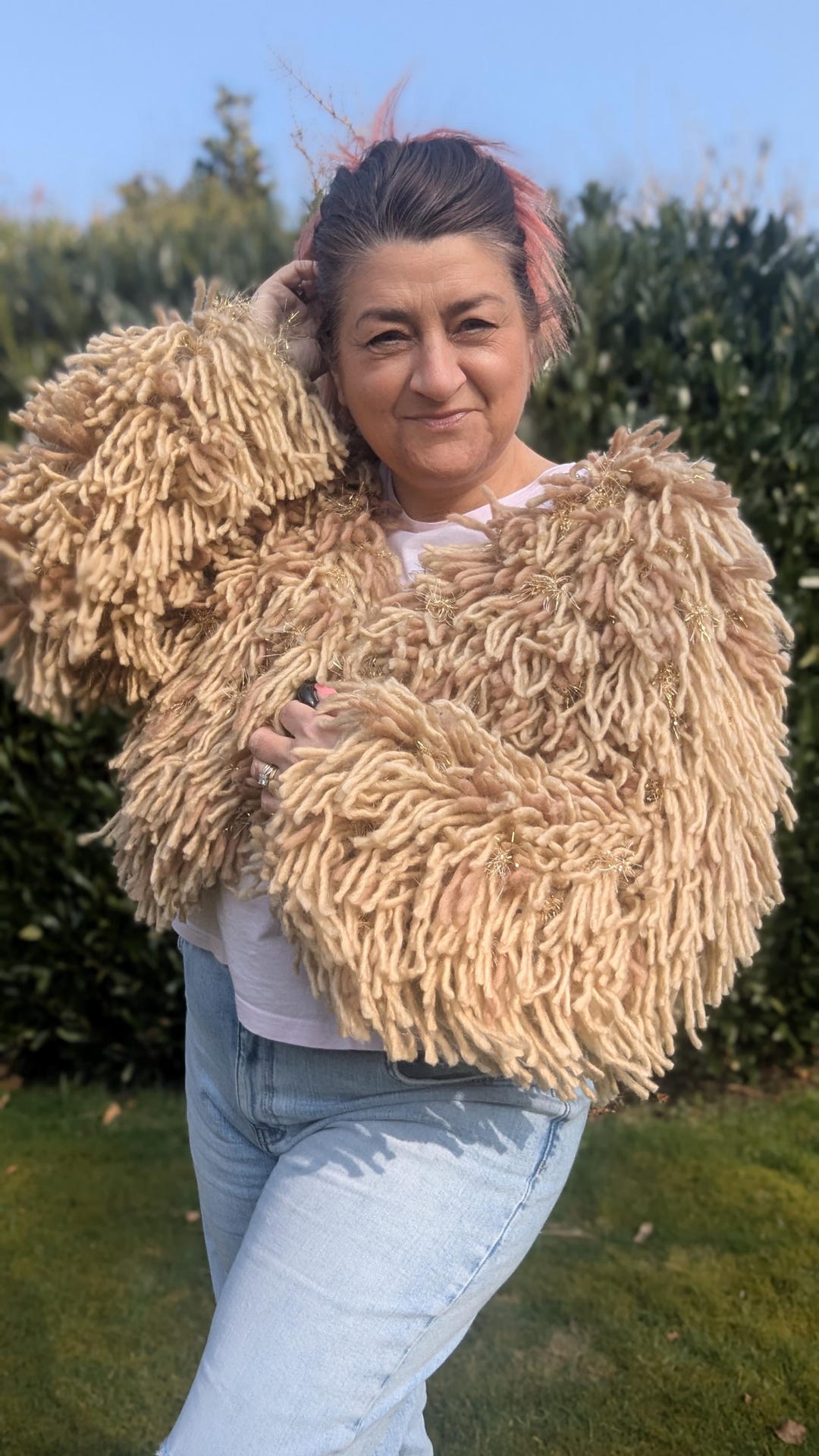 Hand-looped Fluffy Jacket Winter Shaggy Cardigan: Champagne Gold Tinsel ...