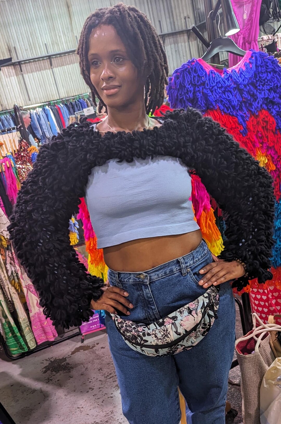 Crochet Loop Top Hand Looped Customised Black Loopy Ultra Crop Crochet Top, Flared ...
