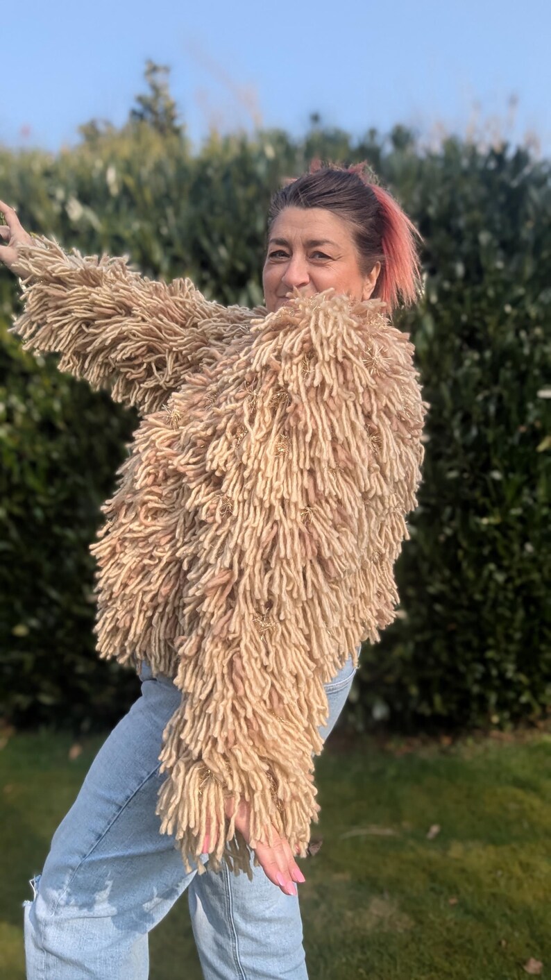 Hand-looped Fluffy Jacket Winter Shaggy Cardigan: Champagne Gold Tinsel ...