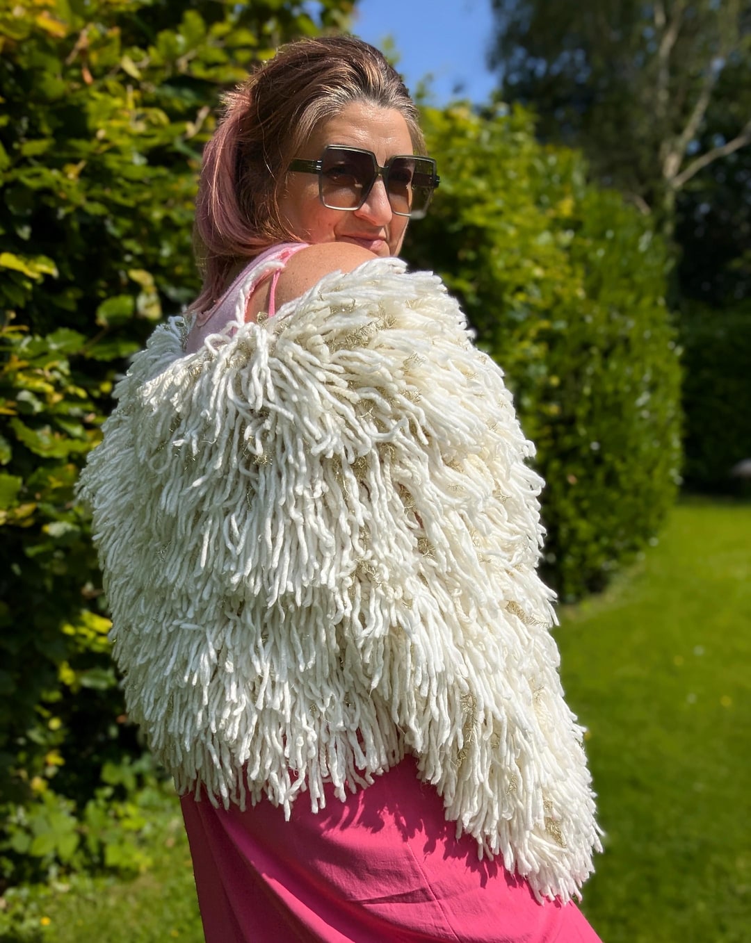 Shaggy Knit Trophy Jacket Cream Gold Shimmer Quirky Winter Wedding ...