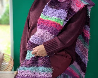 Hand-Knitted Chunky extra long Tassel Scarf: Lilac, Teal, Purple, with Neon Highlights