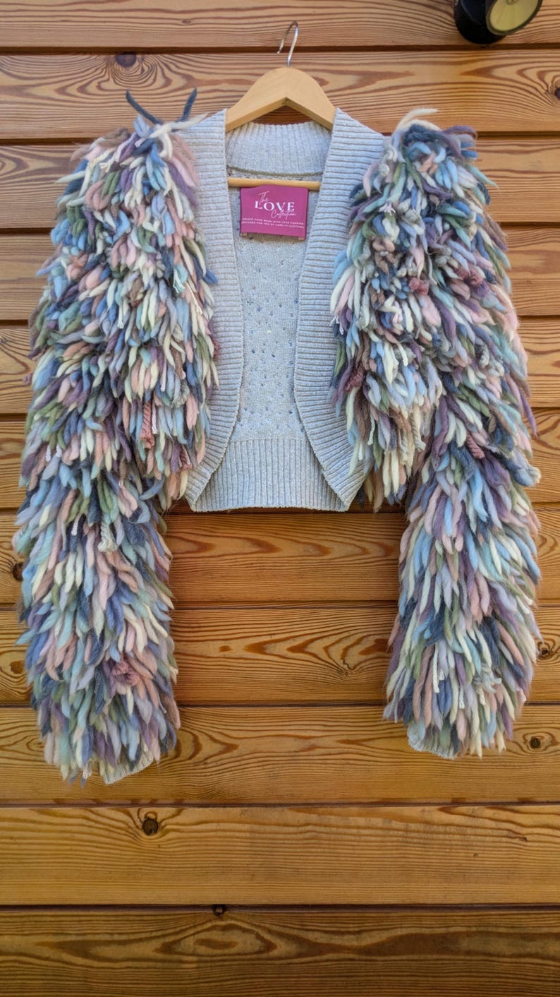 Hand Crochet Wool Shrug: Pastel Blue & Grey Looped Knit Cardigan - Etsy