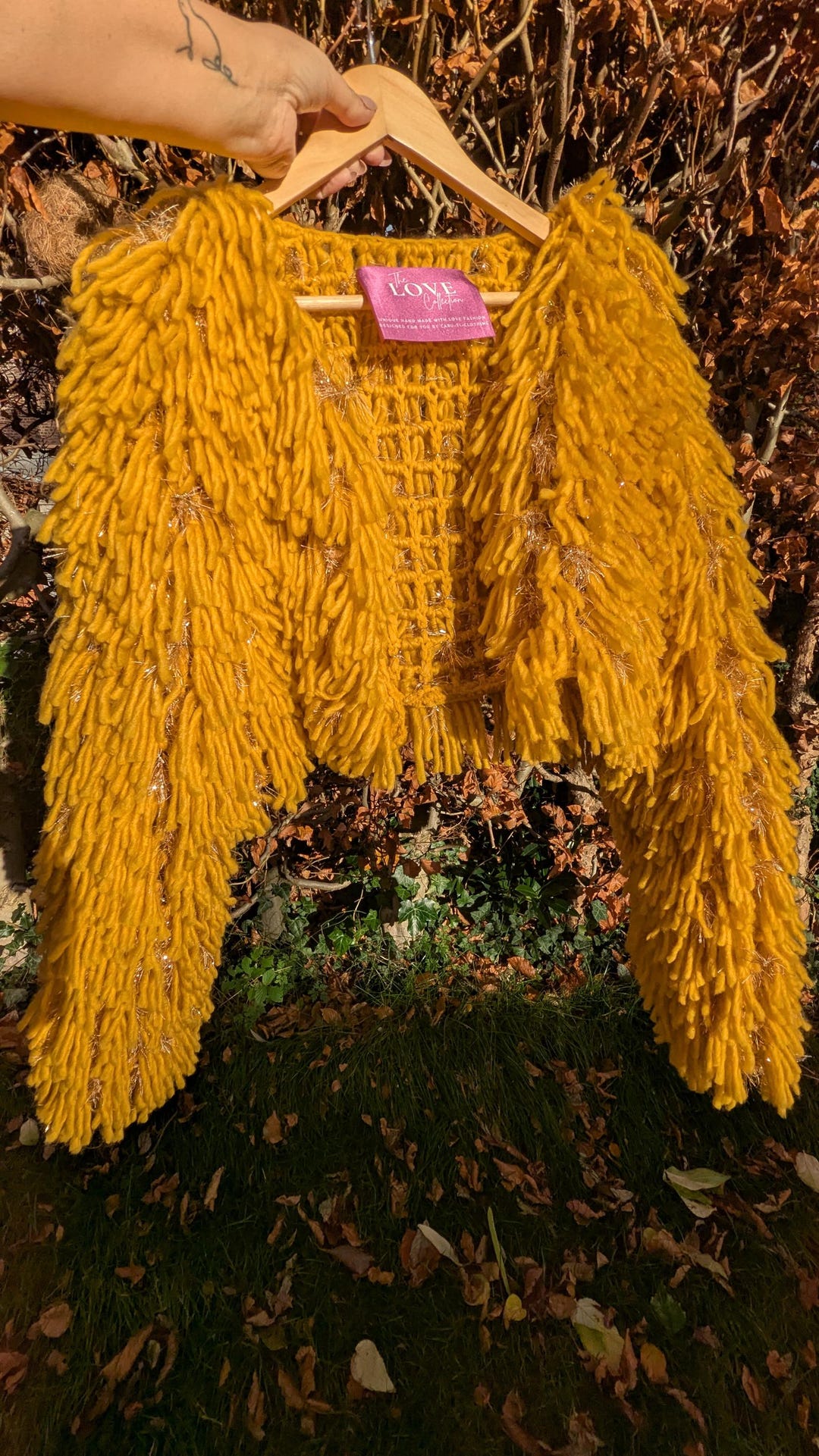 Hand-looped Fluffy Jacket Yellow Gold Shaggy Cardigan: Tinsel Shimmer ...