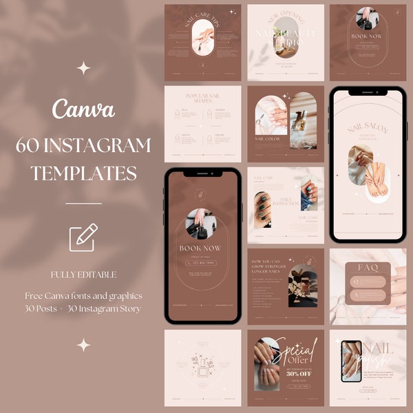 Nail Salon Social Instagram Media Canva Templates | Manicure & Pedicure Canva Templates for Nail Care Professionals | Modern Canva Templates