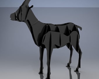 Puede incluir: Una escultura de ciervo negra y estilizada con un diseño geométrico. El ciervo se representa en una pose de pie, con la cabeza girada hacia un lado. La escultura está hecha de múltiples piezas negras planas.