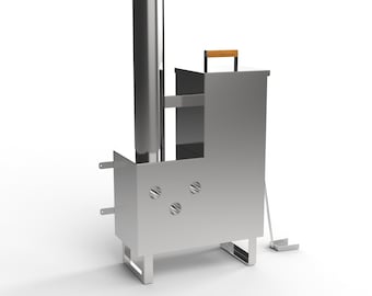 Puede incluir: Un ahumador de acero inoxidable con una chimenea alta, un asa de madera y tres orificios de ventilación circulares. El ahumador tiene un cuerpo rectangular y está diseñado para cocinar al aire libre. Se apoya sobre cuatro patas pequeñas.