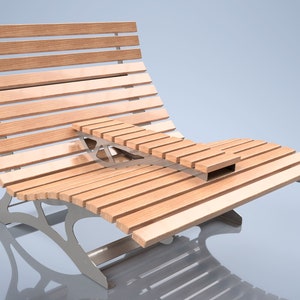 May include: A wooden bench with a curved design and a small table attached to the side. The bench is made of light brown wood and has a metal frame.
