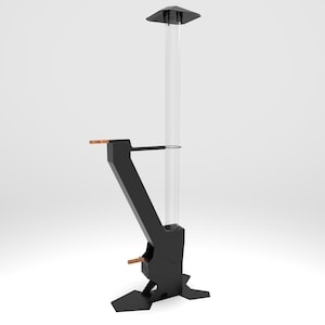 May include: A black metal stand with a clear glass tube extending upwards. The stand has a triangular base and a small platform on the side. The tube has a black cap on top.