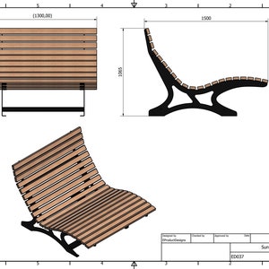 May include: A technical drawing of a wooden sun lounger with a curved back and black metal frame. The lounger is 130 cm wide and 150 cm long. The drawing includes dimensions and details of the design.