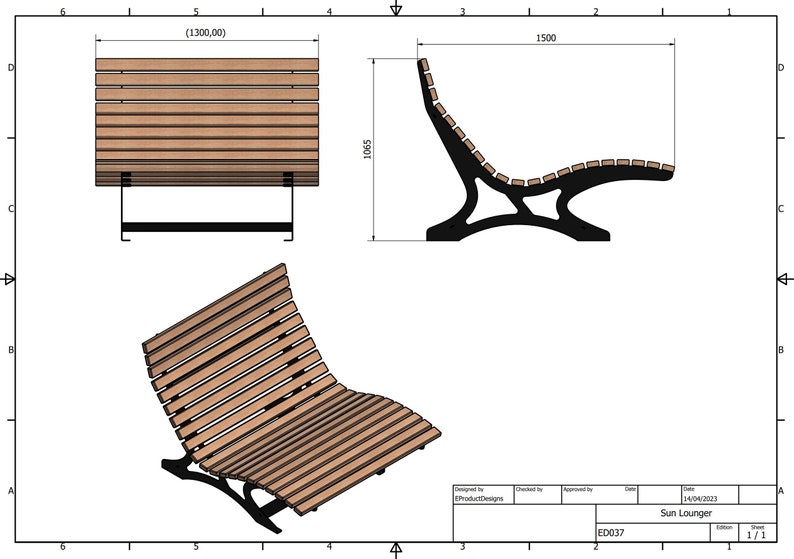 May include: A technical drawing of a wooden sun lounger with a curved back and black metal frame. The lounger is 130 cm wide and 150 cm long. The drawing includes dimensions and details of the design.