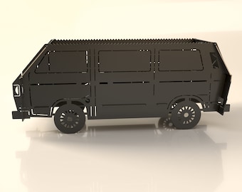 Puede incluir: Un modelo de furgoneta vintage de metal negro, con un diseño detallado y una forma clásica. El modelo está hecho de metal y tiene un aspecto realista.