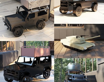 Puede incluir: Una colección de cuatro diseños de fogatas de metal, cada uno con una silueta de vehículo diferente. Los diseños incluyen un jeep, una camioneta, un tanque y un segundo jeep con un portaequipajes. Todos los diseños son negros con un acabado de metal oxidado.