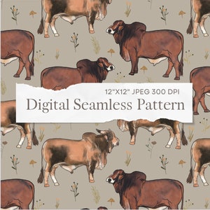 May include: A seamless pattern featuring brown and white Brahman cattle on a light grey background with small brown, yellow, and green floral accents. The pattern is 12 inches by 12 inches and 300 DPI.