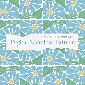 May include: A seamless pattern featuring blue flowers with yellow centers and green leaves on a white background. The pattern is 12 inches by 12 inches and 300 DPI.