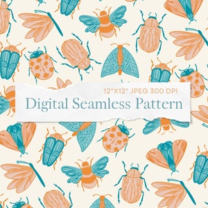 May include: A seamless pattern featuring a variety of insects, including ladybugs, bees, moths, and beetles. The insects are drawn in a whimsical style with intricate details and are set against a light beige background. The pattern is perfect for use in a variety of creative projects, such as fabric, wallpaper, and stationery.