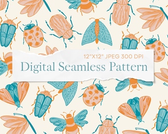May include: A seamless pattern featuring a variety of insects, including ladybugs, bees, moths, and beetles. The insects are drawn in a whimsical style with intricate details and are set against a light beige background. The pattern is perfect for use in a variety of creative projects, such as fabric, wallpaper, and stationery.