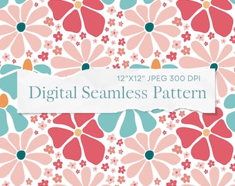 Blue and Green Boho Groovy Flower Seamless Pattern - Abstract Floral ...