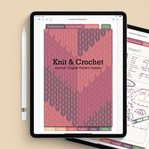 May include: A digital journal app for knitters and crocheters. The app has tabs for knitting patterns, crochet patterns, a sticker book, and a cover. The cover features a pink and purple knit stitch pattern and the text "Knit & Crochet Journal | Digital Pattern Keeper".