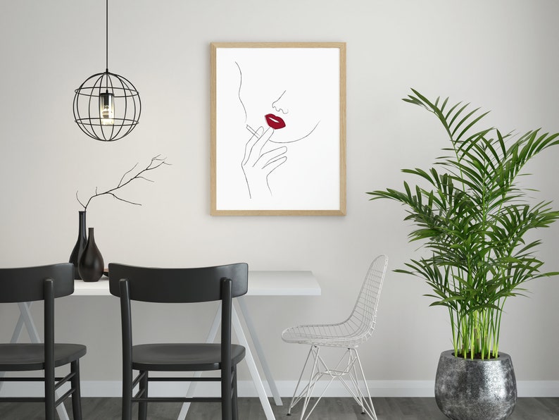 Red Lips Line Art Woman Smoking Line Art Smoking Wall Art Etsy
