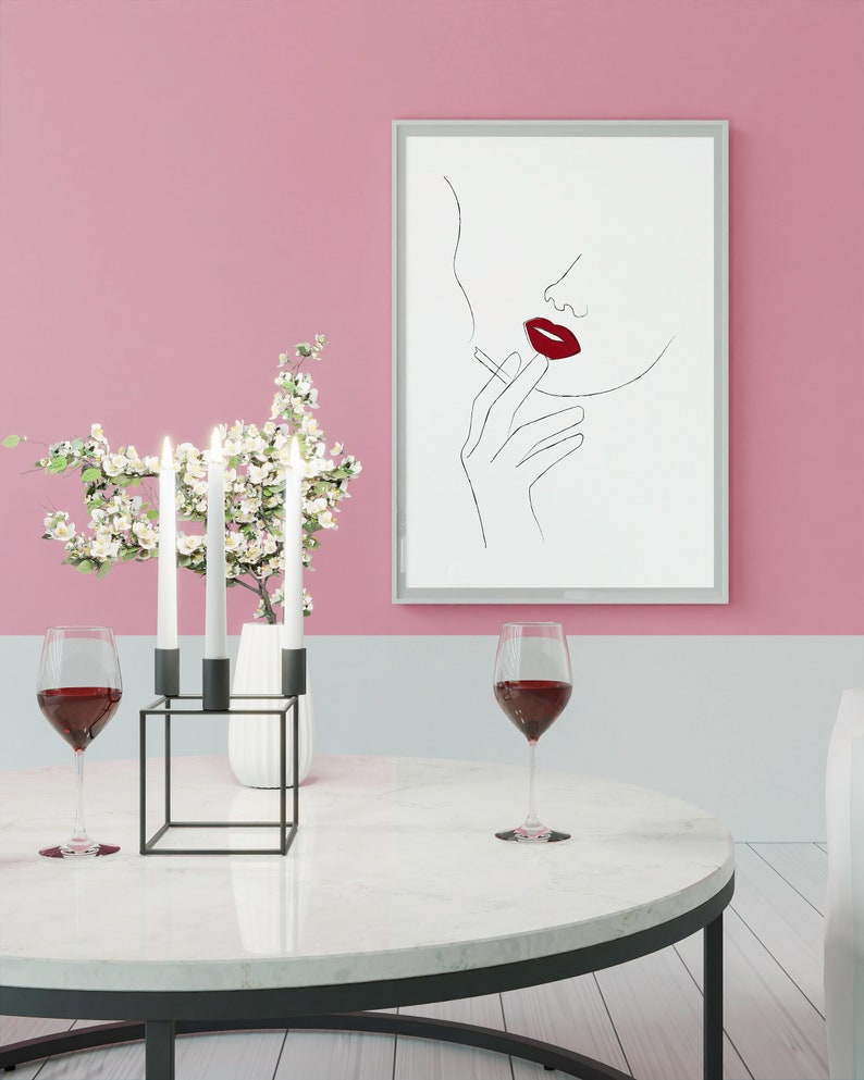 Red Lips Line Art Woman Smoking Line Art Smoking Wall Art Etsy
