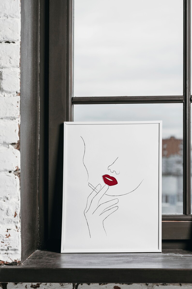 Red Lips Line Art Woman Smoking Line Art Smoking Wall Art Etsy
