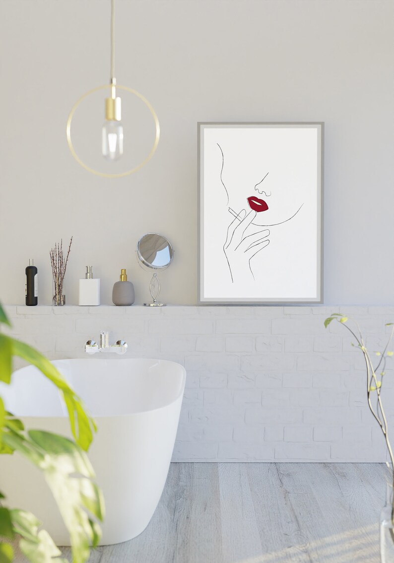 Red Lips Line Art Woman Smoking Line Art Smoking Wall Art Etsy
