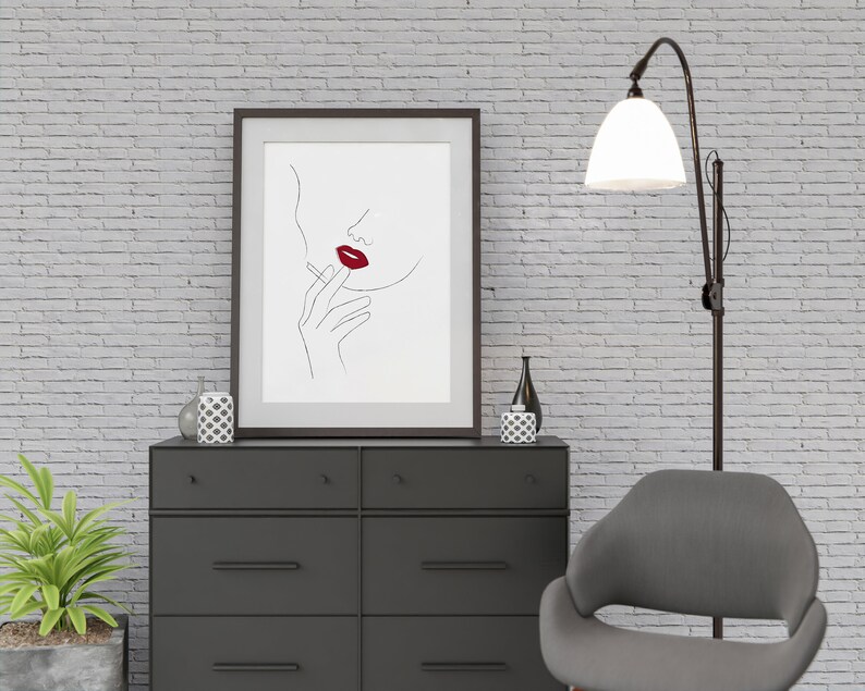 Red Lips Line Art Woman Smoking Line Art Smoking Wall Art Etsy